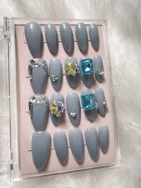 Blue Press-On Nail Set with Gem Accents